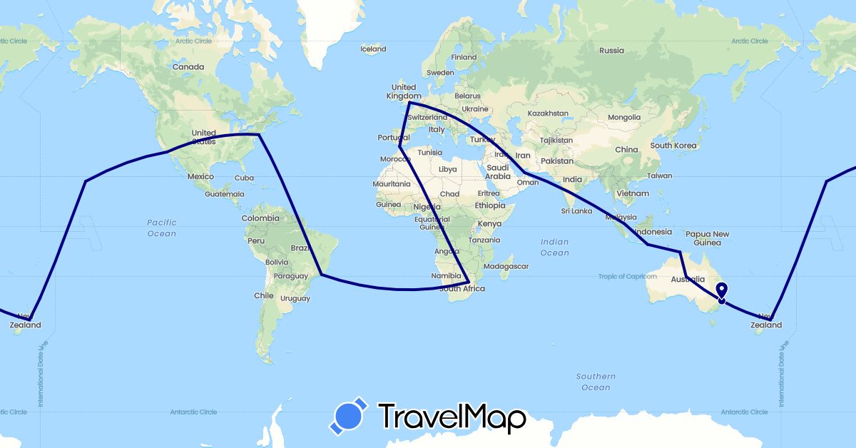 TravelMap itinerary: driving in United Arab Emirates, Australia, Brazil, United Kingdom, Gibraltar, Indonesia, New Zealand, Singapore, United States, South Africa (Africa, Asia, Europe, North America, Oceania, South America)